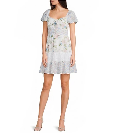Midnight Doll Mixed Floral Printed Lace Flutter Sleeve Tiered Dress
