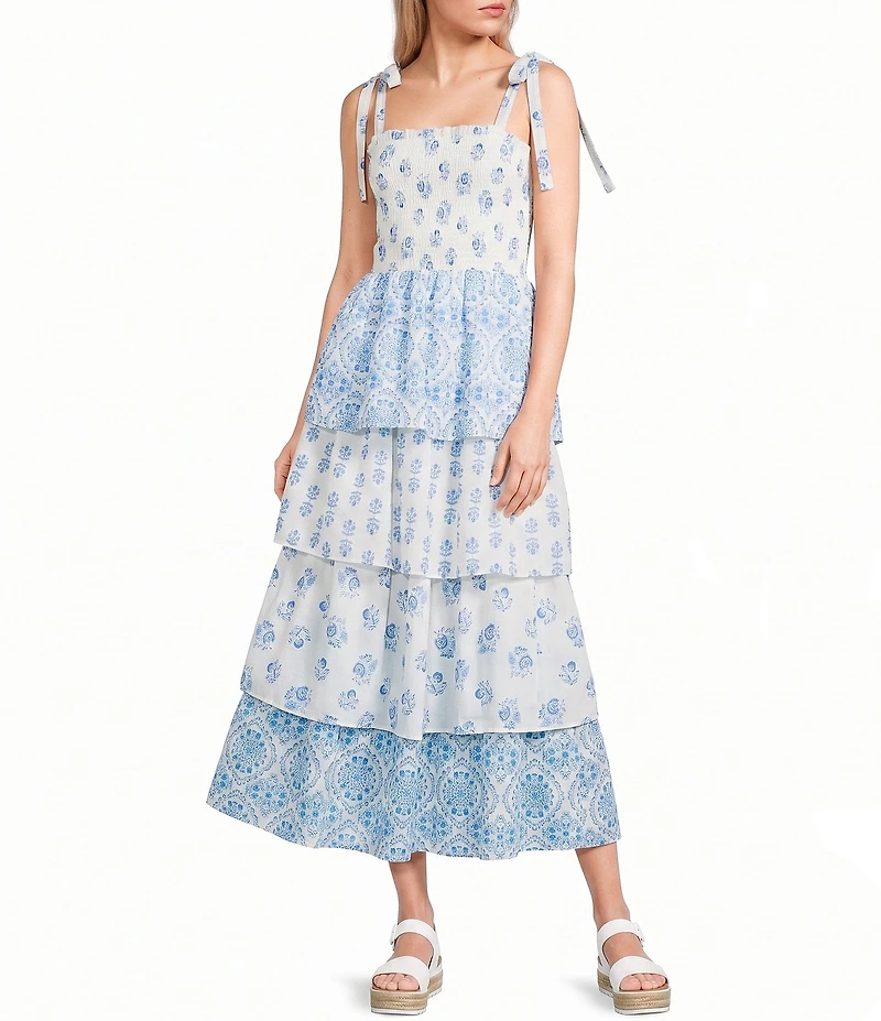 Midnight Doll Mixed Printed Tie Shoulder Smocked Tiered Dress