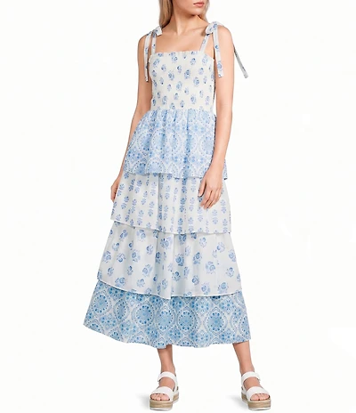 Midnight Doll Mixed Printed Tie Shoulder Smocked Tiered Dress