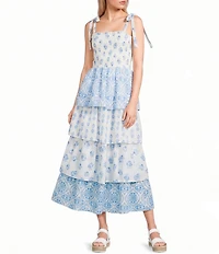 Midnight Doll Mixed Printed Tie Shoulder Smocked Tiered Dress