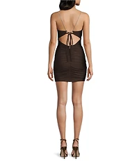 Midnight Doll Notch Front Rhinestone Strap Open Lace Up Back Ruched Bodycon Dress