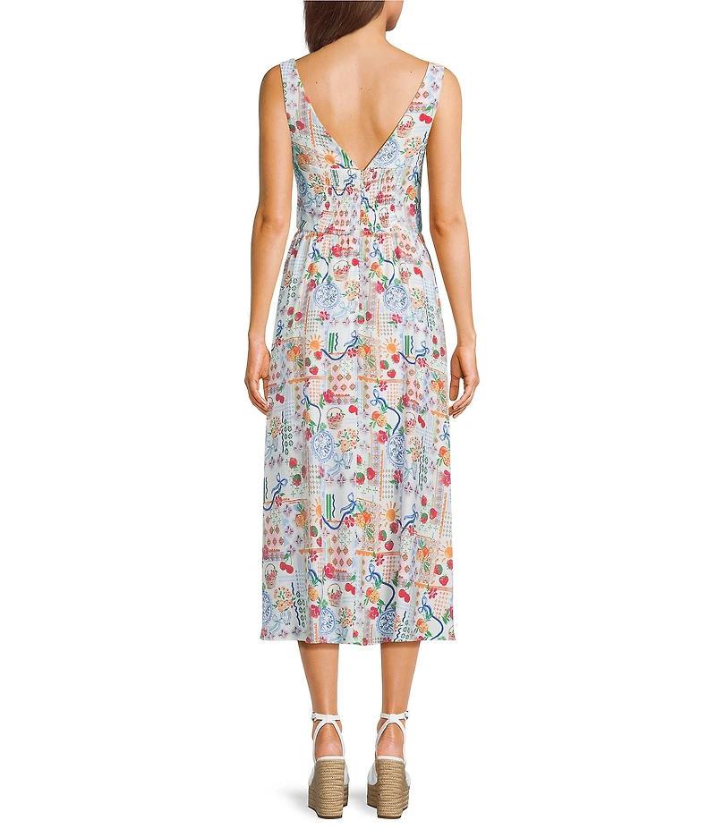 Midnight Doll Patchwork Printed V-neck Tie Front Midi Dress