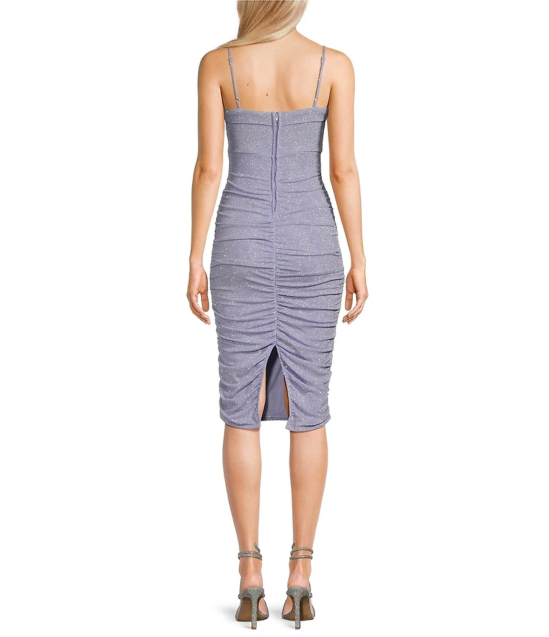 Midnight Doll Pattern Glitter Knit V-Neck Shirred Midi Dress
