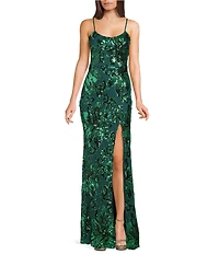 Midnight Doll Patterned Sequin Scoop Neck Spaghetti Strap Side Slit Dress