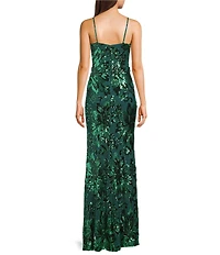 Midnight Doll Patterned Sequin Scoop Neck Spaghetti Strap Side Slit Dress