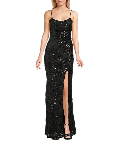 Midnight Doll Patterned Sequin Scoop Neck Spaghetti Strap Side Slit Dress