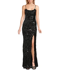 Midnight Doll Patterned Sequin Scoop Neck Spaghetti Strap Side Slit Dress