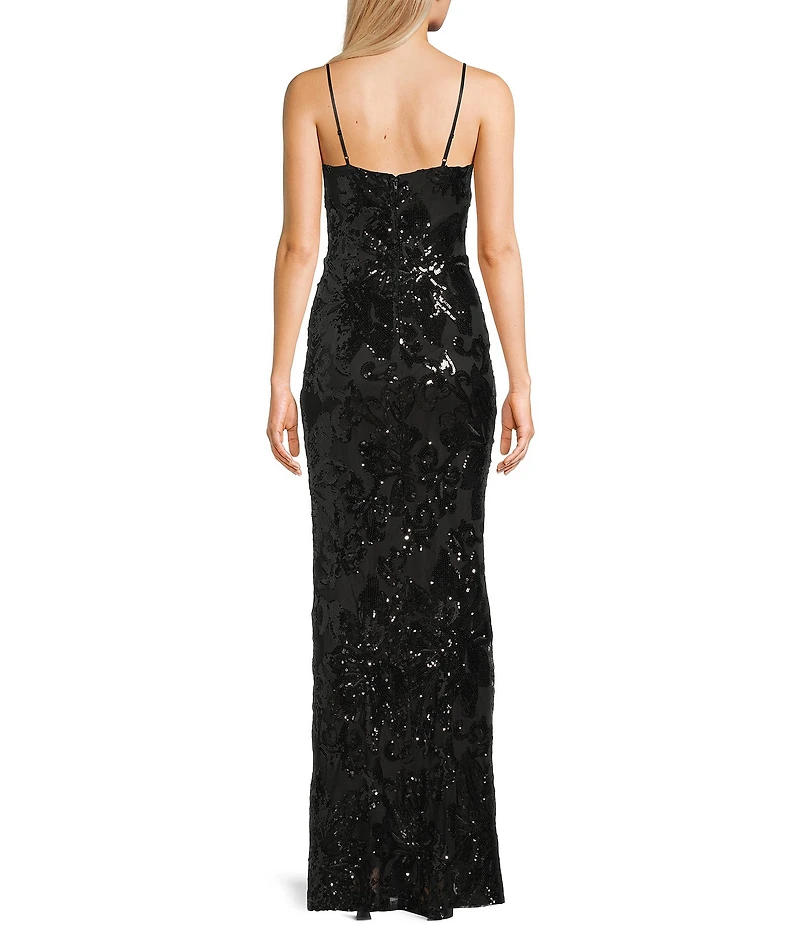 Midnight Doll Patterned Sequin Scoop Neck Spaghetti Strap Side Slit Dress