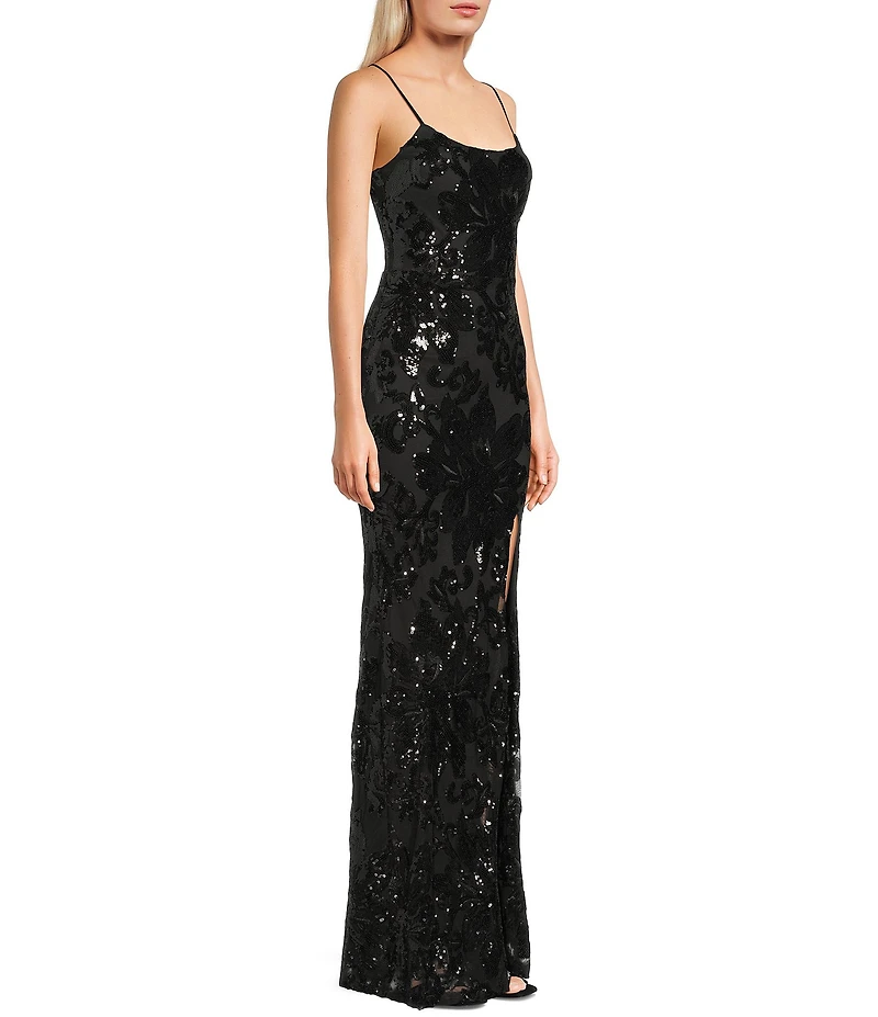 Midnight Doll Patterned Sequin Scoop Neck Spaghetti Strap Side Slit Dress