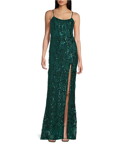 Midnight Doll Patterned Sequin Scoop Neck Spaghetti Strap Side Slit Long Dress