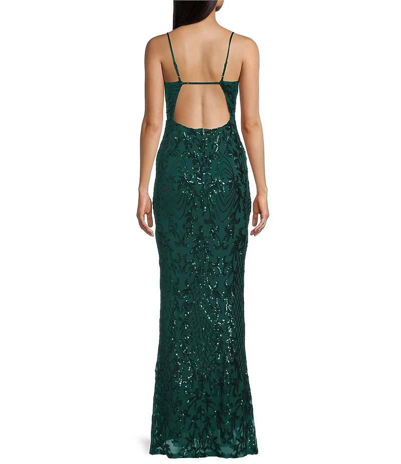 Midnight Doll Patterned Sequin Scoop Neck Spaghetti Strap Side Slit Long Dress
