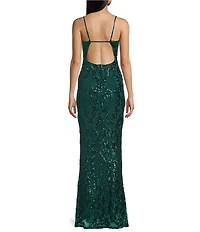Midnight Doll Patterned Sequin Scoop Neck Spaghetti Strap Side Slit Long Dress