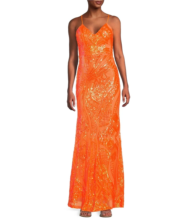 Midnight Doll Patterned Sequin Spaghetti Strap V-Neck Lace-Up Back Dress at  Hamilton Place in Chattanooga, TN