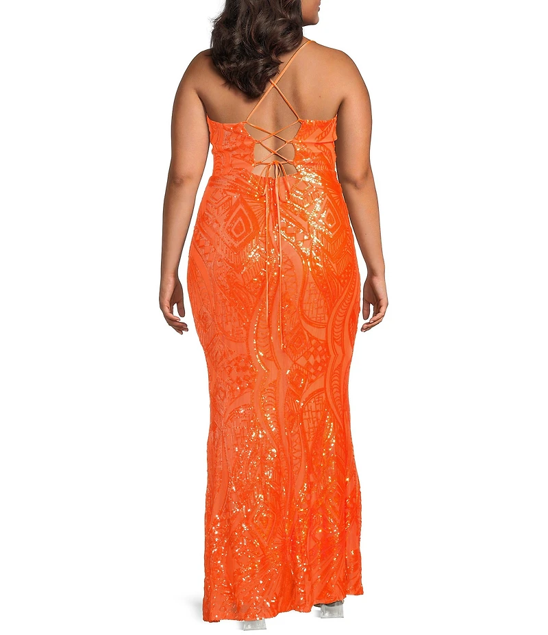 Midnight Doll Plus Size Patterned Sequin Spaghetti Strap V-Neck Lace-Up Back Dress