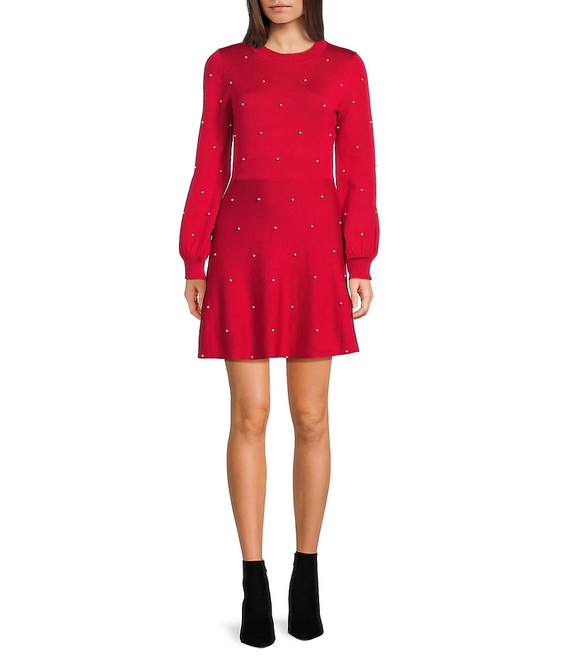 Midnight Doll Pearl Embellished Long Sleeve Sweater Knit Dress