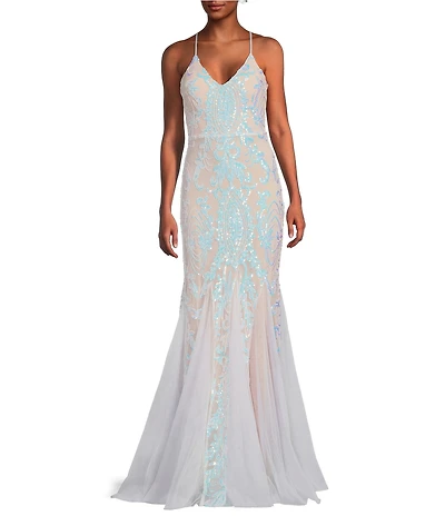 Midnight Doll Placement Iridescent Sequin V-Neck Sleeveless Lace Up Back Godet Dress