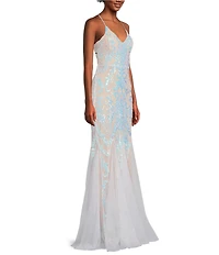 Midnight Doll Placement Iridescent Sequin V-Neck Sleeveless Lace Up Back Godet Dress