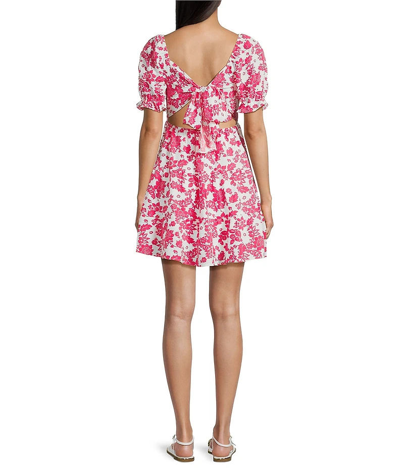 Midnight Doll Printed Bubble Textured Puff Sleeve Tie Back Dress