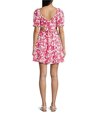 Midnight Doll Printed Bubble Textured Puff Sleeve Tie Back Dress