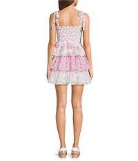 Midnight Doll Printed Tie Strap Smocked Bodice Tiered Mini Dress