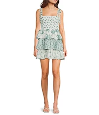 Midnight Doll Printed Tie Strap Smocked Bodice Tiered Mini Dress