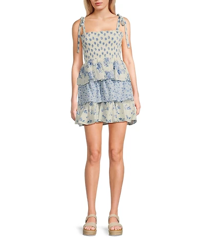 Midnight Doll Printed Tie Strap Smocked Bodice Tiered Mini Dress