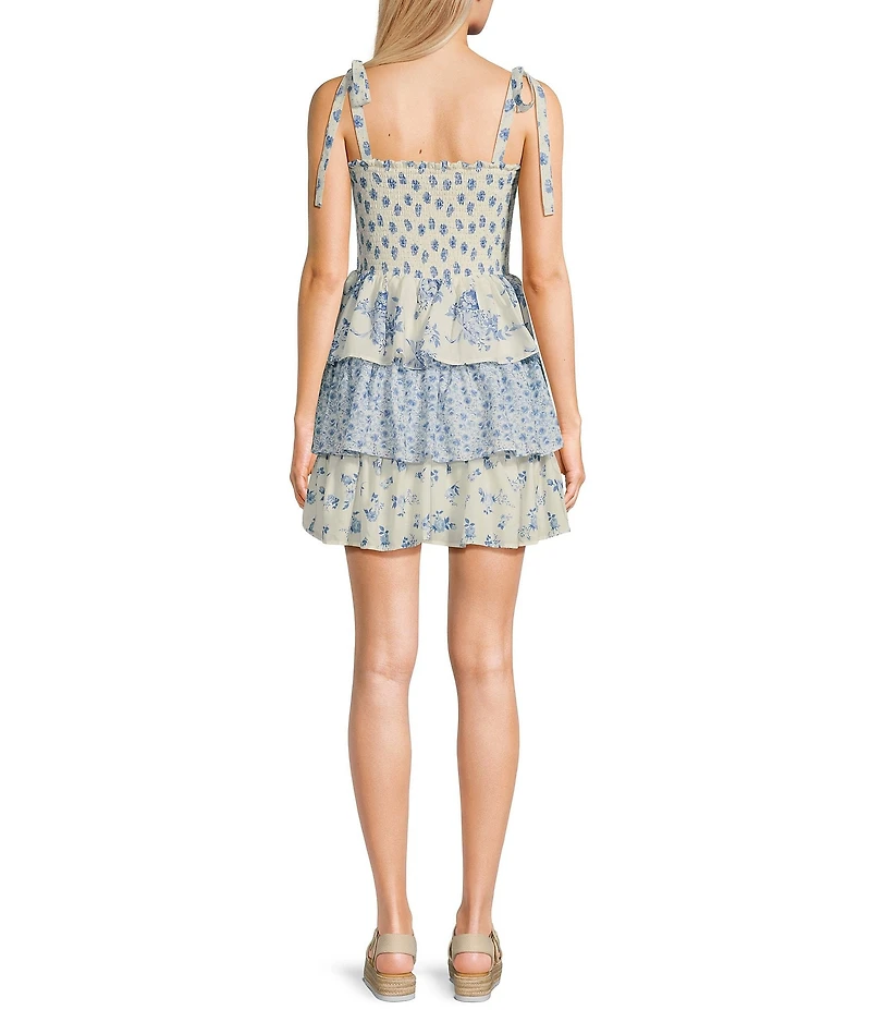 Midnight Doll Printed Tie Strap Smocked Bodice Tiered Mini Dress