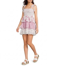 Midnight Doll Printed Tie Strap Smocked Bodice Tiered Mini Dress
