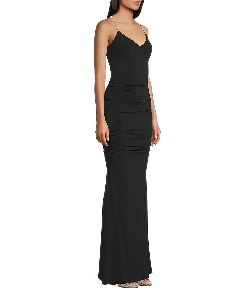 Midnight Doll Rhinestone Knot Criss Cross Strap V-Neck Dress