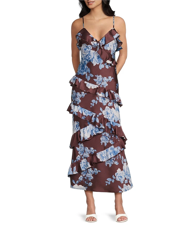 Midnight Doll Satin Floral Printed Asymmetrical Ruffle Maxi Dress