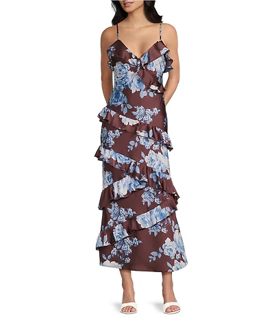 Midnight Doll Satin Floral Printed Asymmetrical Ruffle Maxi Dress