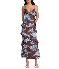 Midnight Doll Satin Floral Printed Asymmetrical Ruffle Maxi Dress