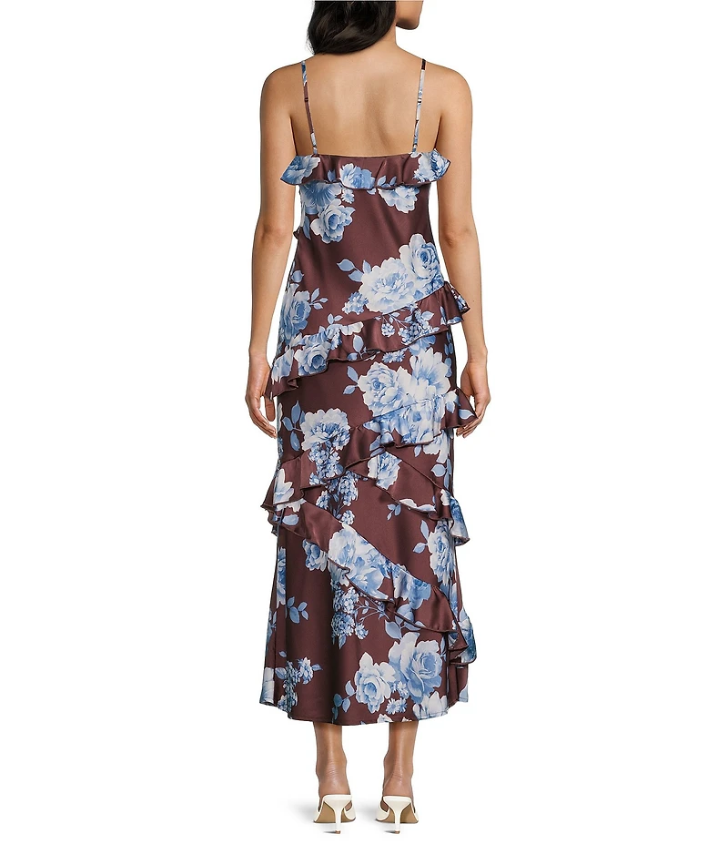 Midnight Doll Satin Floral Printed Asymmetrical Ruffle Maxi Dress
