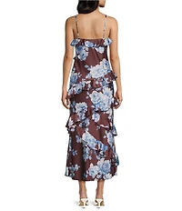 Midnight Doll Satin Floral Printed Asymmetrical Ruffle Maxi Dress