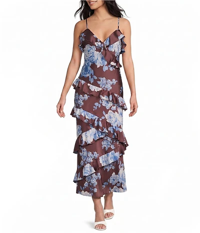 Midnight Doll Satin Floral Printed Asymmetrical Ruffle Maxi Dress