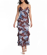 Midnight Doll Satin Floral Printed Asymmetrical Ruffle Maxi Dress