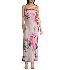 Midnight Doll Satin Floral Printed Drape Back Maxi Dress