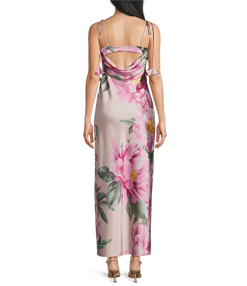 Midnight Doll Satin Floral Printed Drape Back Maxi Dress