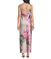 Midnight Doll Satin Floral Printed Drape Back Maxi Dress