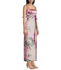 Midnight Doll Satin Floral Printed Drape Back Maxi Dress