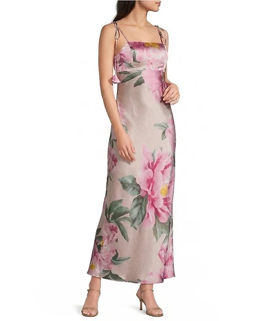 Midnight Doll Satin Floral Printed Drape Back Maxi Dress