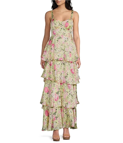 Midnight Doll Satin Floral Printed Tiered Maxi Dress