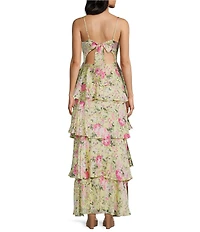 Midnight Doll Satin Floral Printed Tiered Maxi Dress