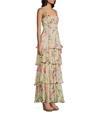 Midnight Doll Satin Floral Printed Tiered Maxi Dress