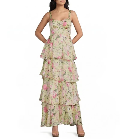 Midnight Doll Satin Floral Printed Tiered Maxi Dress