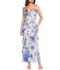 Midnight Doll Satin Floral Printed V-Neck Asymmetrical Ruffled Maxi Dress