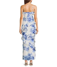 Midnight Doll Satin Floral Printed V-Neck Asymmetrical Ruffled Maxi Dress