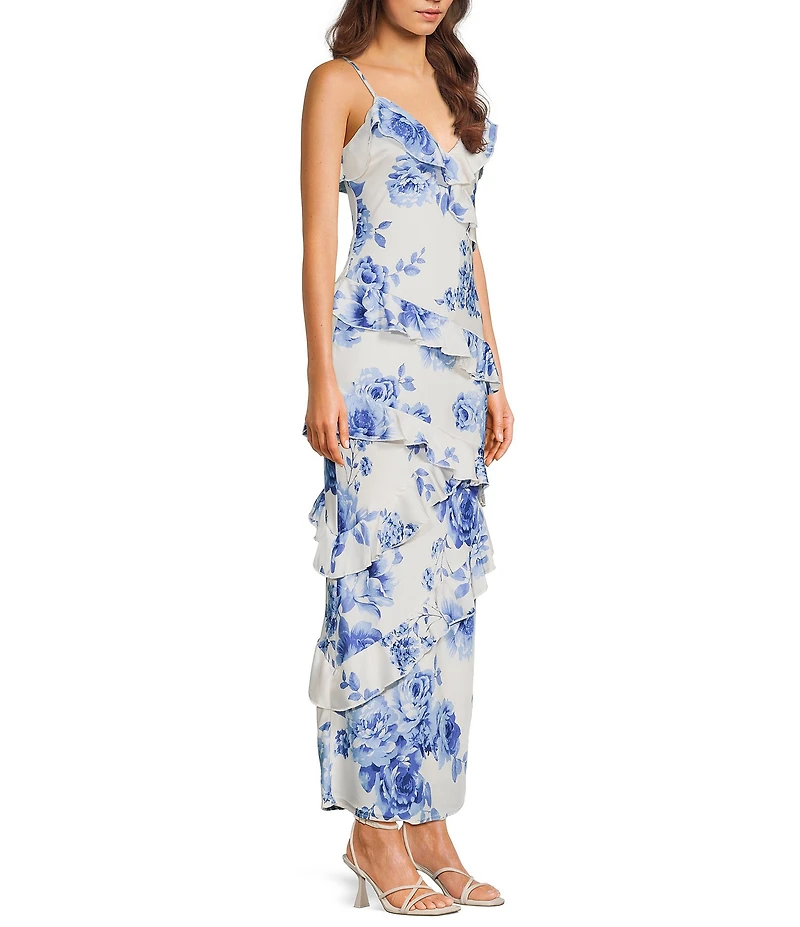 Midnight Doll Satin Floral Printed V-Neck Asymmetrical Ruffled Maxi Dress