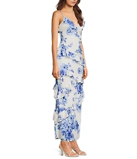 Midnight Doll Satin Floral Printed V-Neck Asymmetrical Ruffled Maxi Dress