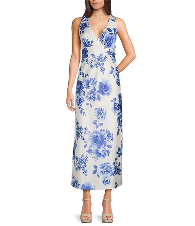 Midnight Doll Satin Floral Printed V-Neck Drape Back Dress